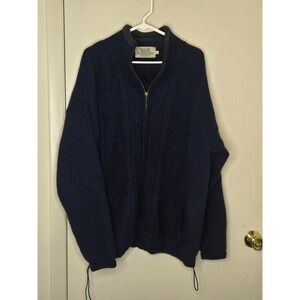 Aran Sweater Market Mens XL Navy Blue Wool Cable Knit Fleece Lined Zip Jacket
